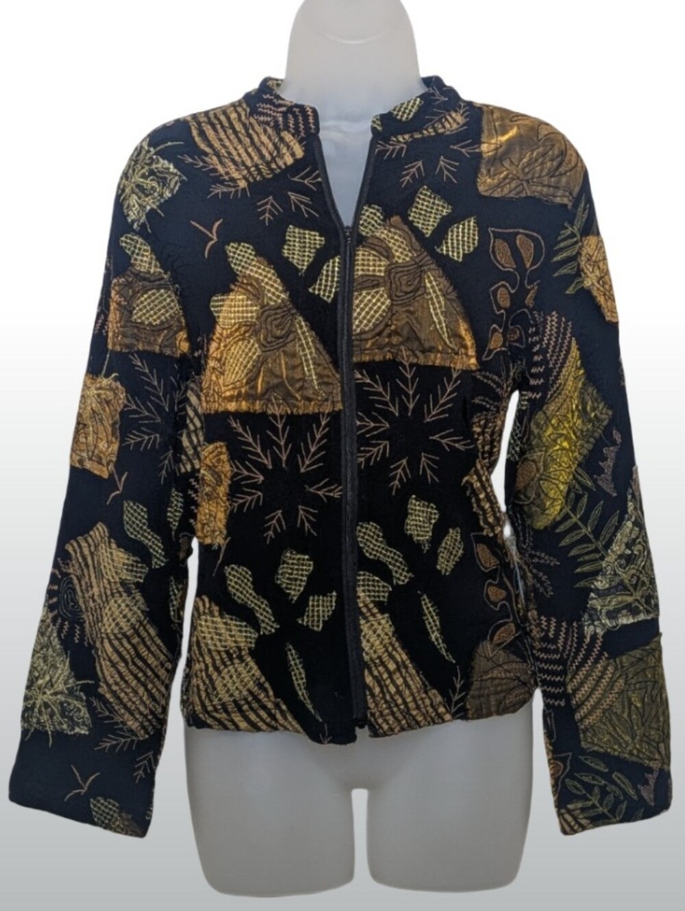 Chico's Black Jacket with Metallic Gold Botanical Pattern | Patchwork | Bohemian